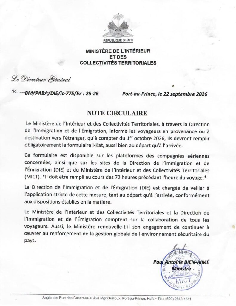 Haiti’s Ministry of the Interior and Local Authorities officially made the iKat form mandatory from October 1, 2026