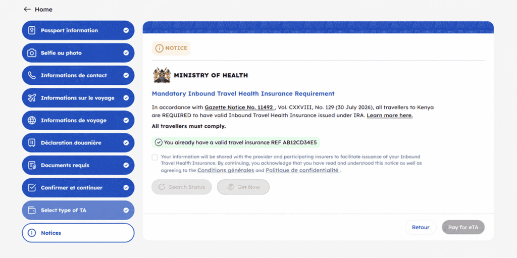 During the ETA application, Kenya’s portal automatically confirms that insurance purchased separately through eCitizen is valid
